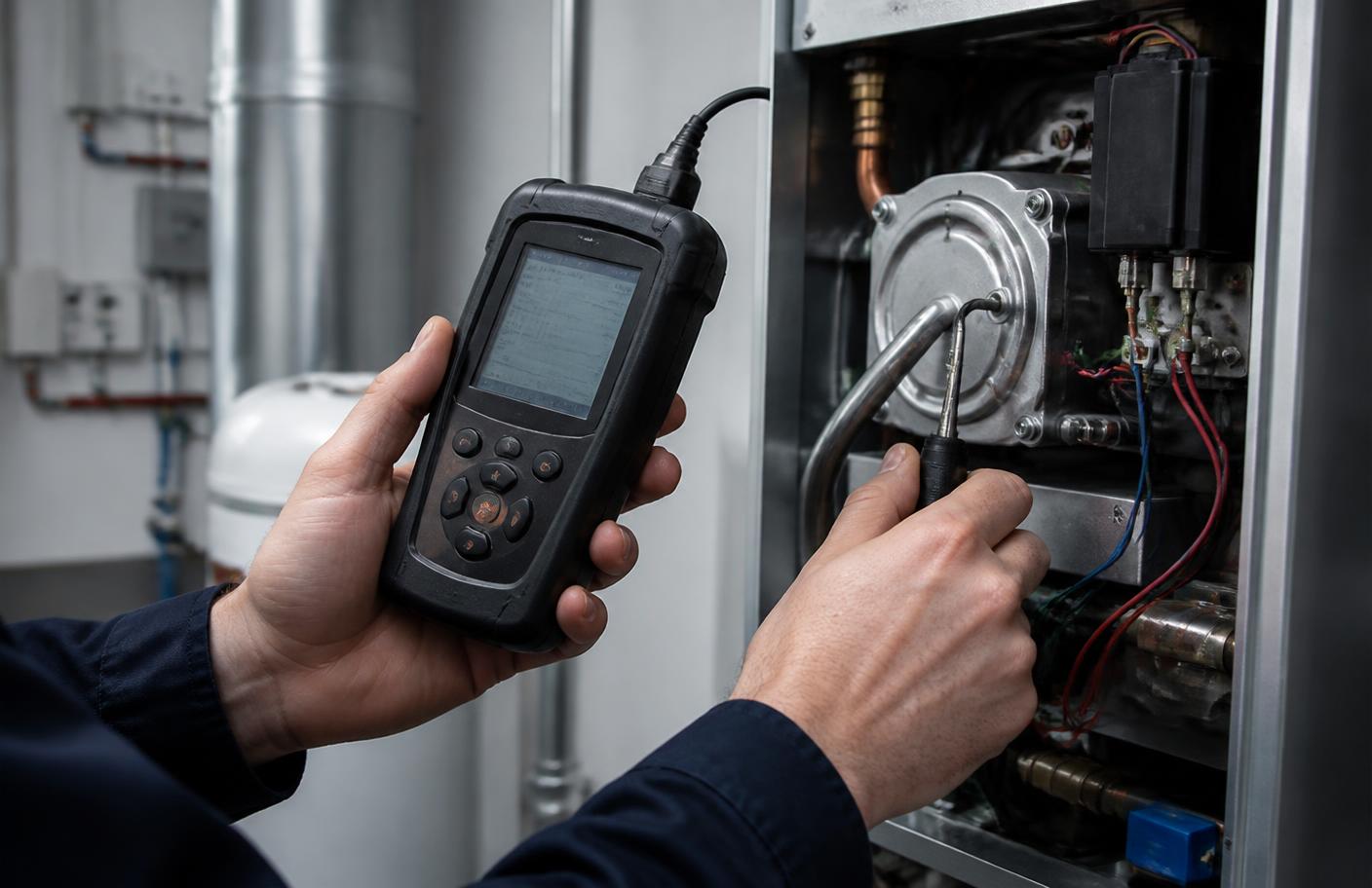Engineer using a flue gas analyser on a boiler during training