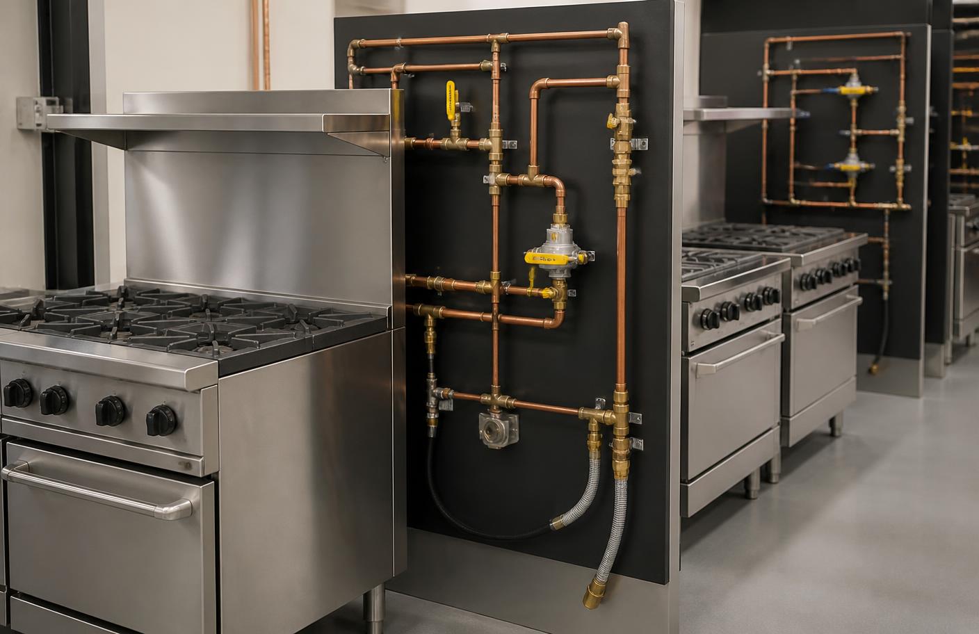 Commercial catering gas training bay with range cookers and pipework rigs