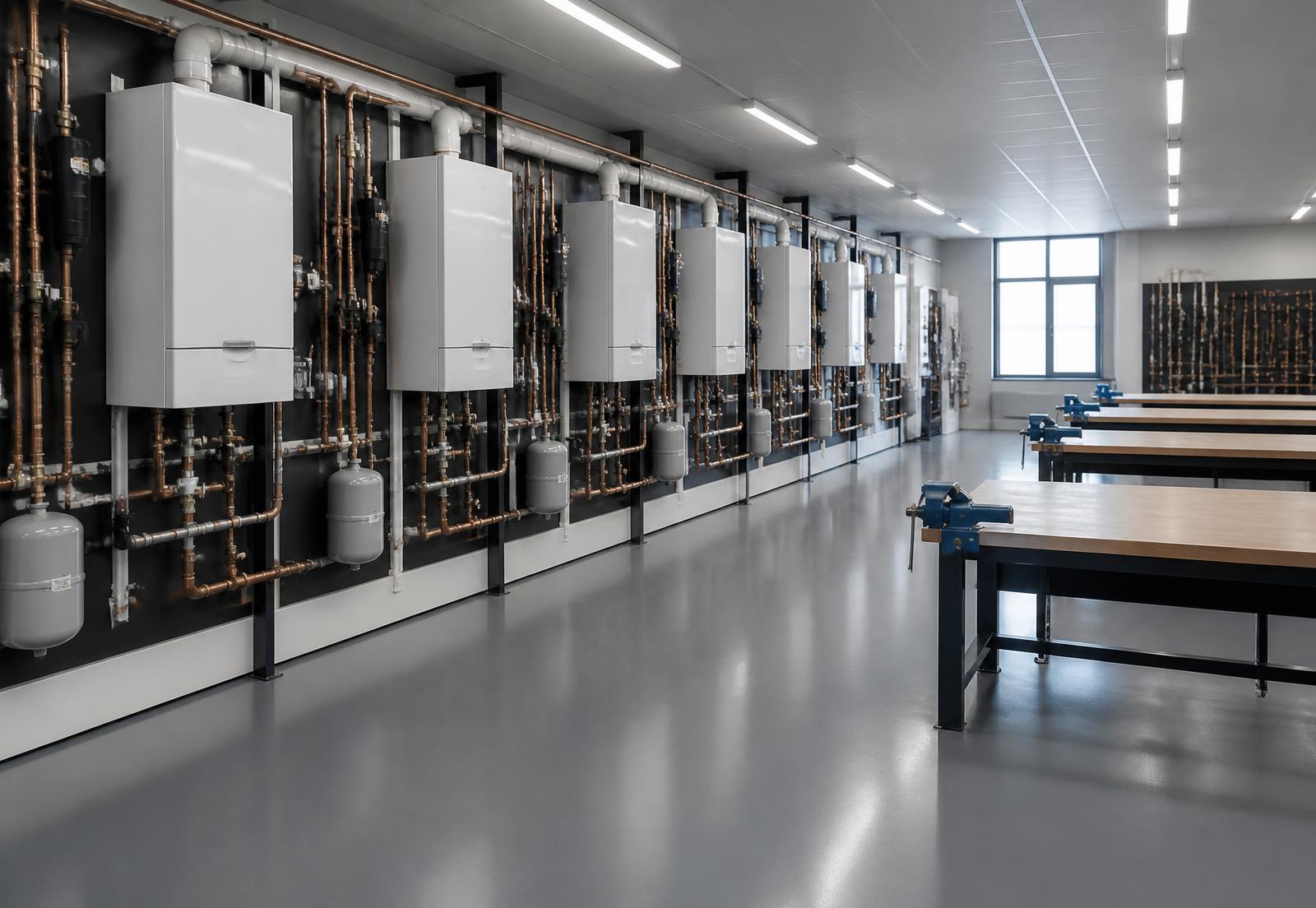 Boiler and pipework training rigs inside the EG Training Services workshop