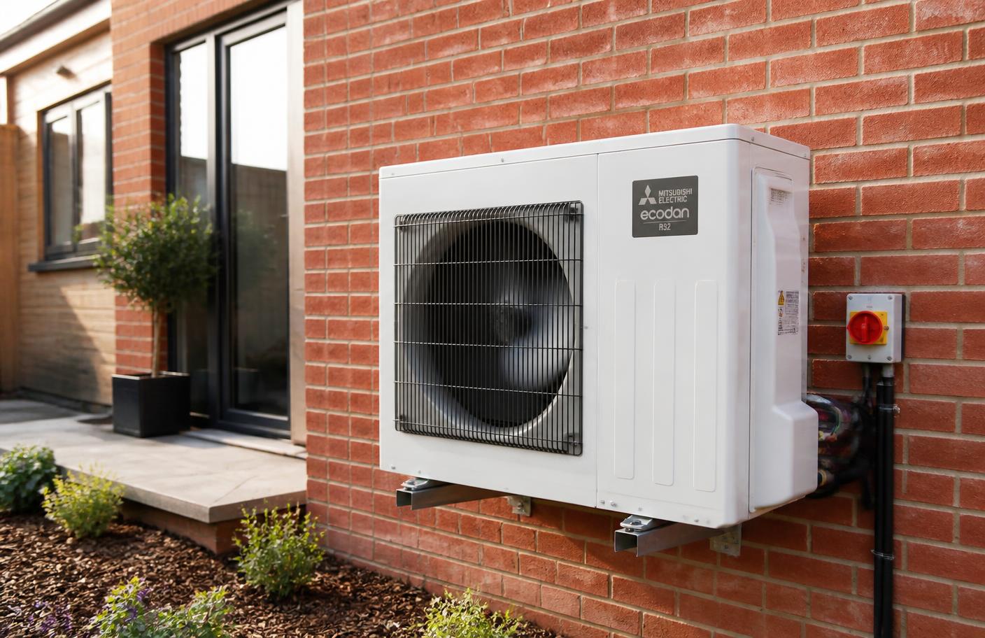 Air source heat pump installed on a modern home